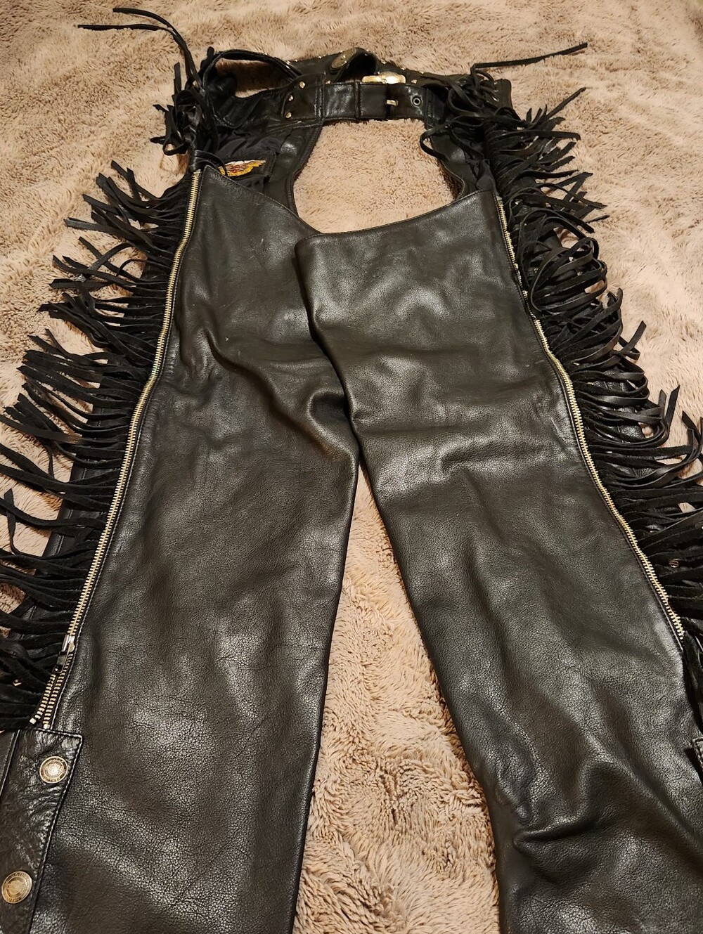Vintage Mens Black Leather Fringe Motorcycle Chaps with Studs Size Large - Picture 2 of 6